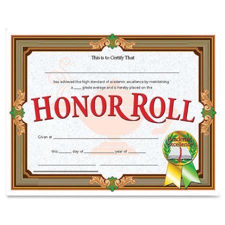 Hayes Honor Roll Certificate, 30 Per Pack, PK3, Recommended Grade: K-12 VA612